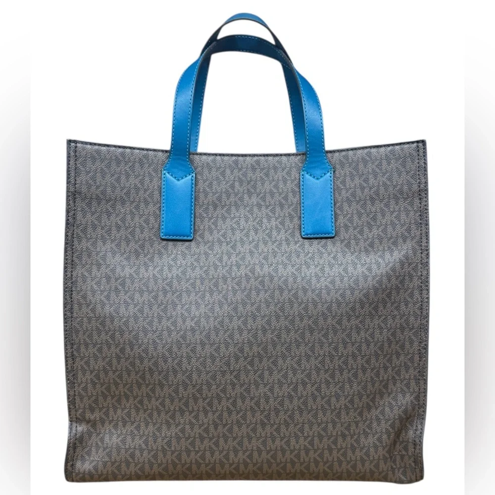 Michael Kors Kenly Brown Blue Lagoon MK Signature Large Tote Shoulder Bag Purse